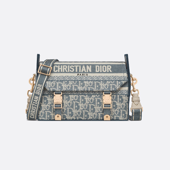 dior camp small light blue oblique jacquard canvas flap messenger crossbody shoulder bag